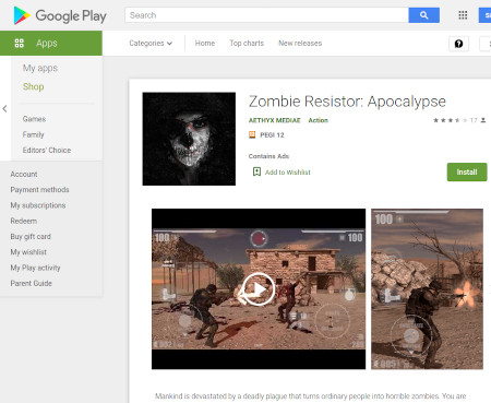 Play Store entry for our 3D game, Zombie Resistor apocalypse